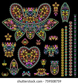 Bright bohemian ethnic cliche with paisley and decorative elements. Vector set of various ornaments, deco template. Oriental trendy print for decoration, gift, design,  for women's clothing.