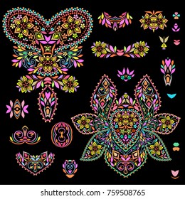 Bright bohemian ethnic cliche with paisley and decorative elements. Vector set of various ornaments, deco template. Oriental trendy print for decoration, gift, design,  for women's clothing.