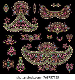 Bright bohemian ethnic cliche with paisley and decorative elements. Vector set of various ornaments, deco template. Oriental trendy print for decoration, gift, design,  for women's clothing.