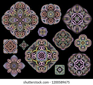 Bright bohemian ethnic cliche with pinstriping decorative elements. Vector set of various ornaments, deco template. Oriental trendy print for decoration, gift, design,  for women's clothing.