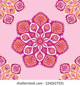 Bright Boho Mandala All Over Print Vector. Intricate Flower Kaleidoscope Seamless Repeating Pattern. Hand Painted for Summer Fashion Prints, Ethnic Stationery, Indian Style Wrap, Ornamental Packaging.
