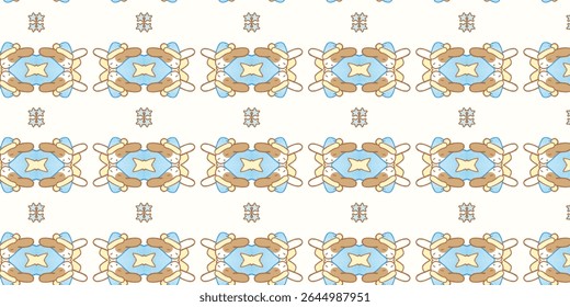 Bright boho tribal seamless pattern in soft pastel colors with symmetrical design. Ideal for backgrounds, interior decor, textile prints, and modern abstract projects.