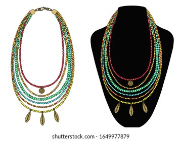 Collar de estilo boho con colgantes. Vector