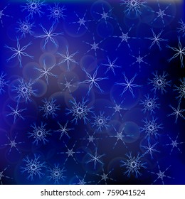 Bright bokeh background with abstract snowflakes. Vector, festive, shiny, defocused illustration. Blue color.