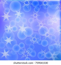 Bright bokeh background with abstract snowflakes. Vector, festive, shiny, defocused illustration. Blue color.