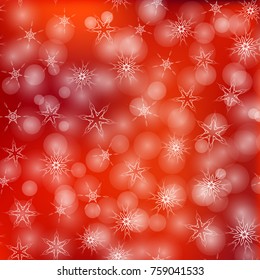 Bright bokeh background with abstract snowflakes. Vector, festive, shiny, defocused illustration. Red color.