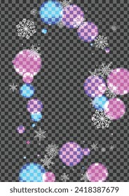 Bright Bokeh Background Transparent Vector. Flakes January Design. Pink Brilliance. Silver Snowflakes Effect. Glittering Illustration.