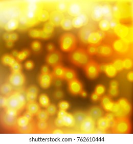 Bright bokeh background. Vector, festive, shiny, defocused illustration. Golden color.