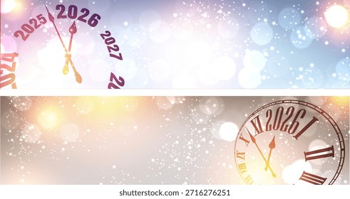 Brillantes fondos bokeh con elegantes relojes de cuenta regresiva que llaman la medianoche para dar la bienvenida al año 2026. Ilustración vectorial perfecta.