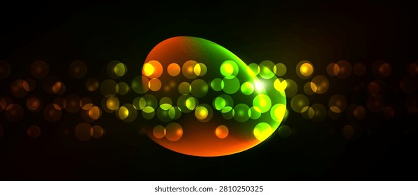 Bright bokeh effect dominates dark background. Gradient sphere glows, mixing orange, green hues. Particles create dynamic visual texture.