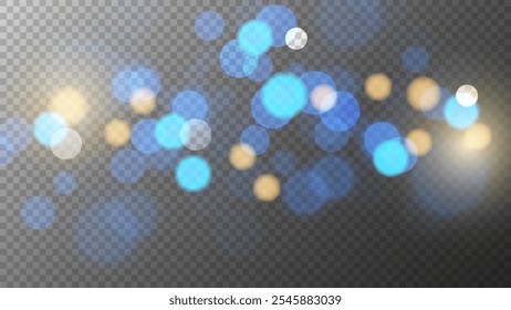 Bright bokeh lights. Abstract blur light effect. Blurred overlay template. Transparent background. Vector illustration.