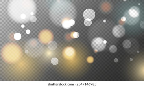 Luces bokeh brillantes. Plantilla de superposición borrosa. Abstractas efecto de luz borrosa. Fondo transparente. Ilustración vectorial.