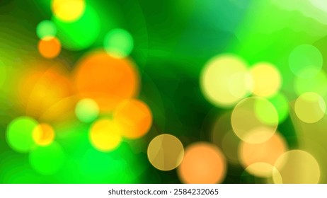 Bright bokeh lights. Festive abstract blurred background. Graphic template for Saint Patrick's Day holiday greetings and invitations. Vector illustration.