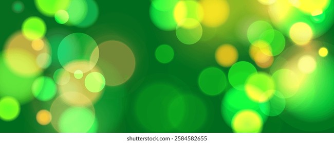 Bright bokeh lights. Festive abstract blurred background. Green and orange colors. Graphic template for St. Patrick's Day holiday greetings and invitations. Vector illustration.