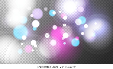 Textura brillante de las luces bokeh. Abstractas efecto de luz borrosa. Fondo transparente. Plantilla de superposición borrosa. Ilustración vectorial.