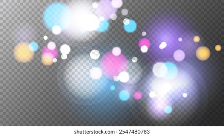 Textura brillante de las luces bokeh. Abstractas efecto de luz borrosa. Plantilla de superposición borrosa. Fondo transparente. Ilustración vectorial.