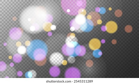 Luces bokeh brillantes. Efecto de luz borrosa vibrante. Abstractas diseño de superposición borrosa. Fondo transparente. Ilustración vectorial.