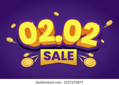 Bright and bold 3D yellow text '02.02 Sale' with shining gold coins on a vibrant purple background, perfect for promoting special discounts and New Year sales events.