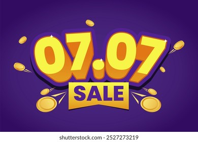 Brilhante e negrito texto amarelo 3D '07.07 Venda' com moedas de ouro brilhante em um fundo roxo vibrante, perfeito para promover descontos especiais e eventos de vendas de Ano Novo.