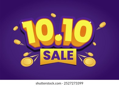 Heller und kräftiger 3D-gelber Text '10.10 Sale' mit glänzenden Goldmünzen auf lebendigem violettem Hintergrund, perfekt für die Förderung von Sonderrabatten und Neujahrsverkaufsveranstaltungen.