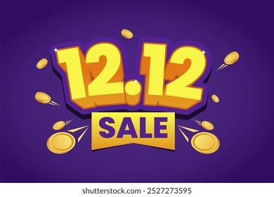 Brilhante e negrito texto amarelo 3D '12.12 Venda' com moedas de ouro brilhante em um fundo roxo vibrante, perfeito para promover descontos especiais e eventos de vendas de Ano Novo.