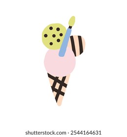 Ilustración abstracta brillante y audaz de un cono de helado juguetón con una galleta y paletas. Diseño divertido que captura el ambiente y la creatividad del verano, ideal para temas alegres y juveniles