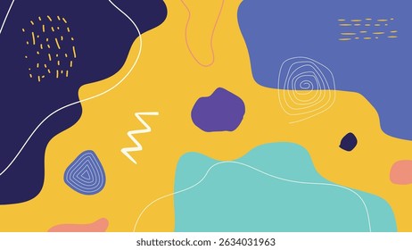 Bright and bold abstract image with freeform shapes and spiral accents in a modern hand drawn art style.
