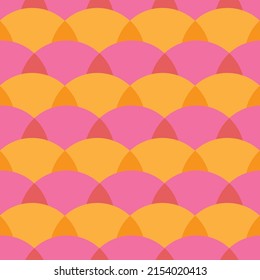 Bright Bold And Colorful Geometric Seamless Vector Pattern. Pink And Yellow Geo Semi Circles In A Modern Minimalist Abstract Repeat Design. Fun, Happy, Retro Style Background Wallpaper Surface Art. 