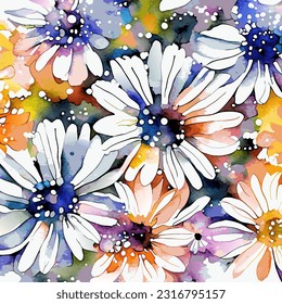 A bright and bold floral daisy flower surface design, created in a vector watercolor art style.
