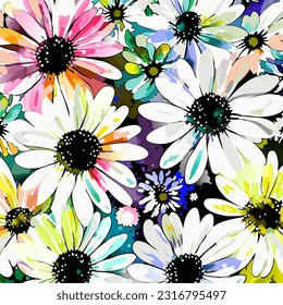 A bright and bold floral daisy flower surface design, created in a vector watercolor art style.
