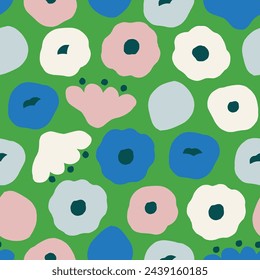 Bright, bold floral seamless pattern. Vector texture with modern flowers. Hand drawn botanical background with blooming plants