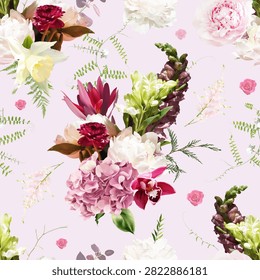 Bright and bold floral seamless pattern. Blush hydrangea, white peony, dark snapdragons, daffodil, lisianthus, orchid, sweet pea flowers and english bouquet herbs. Elements are isolated and editable