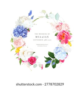 Bright and bold florals vector design frame. Blue delphinium, hydrangea, pink peony, white magnolia, tulips, rose, hyacinth, greenery and plants card. All flowers and branches are isolated and movable
