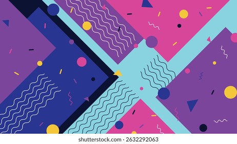 Bright and bold geometric design featuring circles triangles and waves in pink blue and purple ideal for modern digital backgrounds posters and creative projects