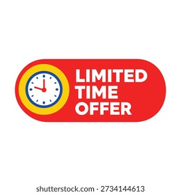 Ilustración de Oferta por tiempo limitado brillante y audaz con un ícono de reloj y una fuerte tipografía blanca en un Anuncio redondeado rojo. Perfecto para promociones urgentes, ventas flash, descuentos de temporada, campañas de comercio electrónico, anuncios minoristas, Anuncios de Sitio web, carteles, folletos y marketing en redes sociales. Diseño de Vector plano limpio adecuado para uso digital e impreso.