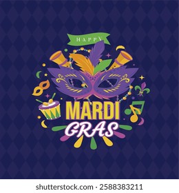 Bright and bold Mardi Gras 2025 illustration concept with stunning design of text effect, masquerade mask, feathers, beads, and music. Perfect for print, web, and social media promotions. 