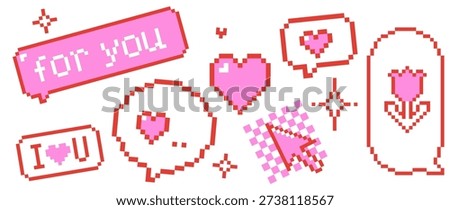 Bright bold pink Y2K pixel sticker set. Retro game 8-bit hearts, love speech bubbles, cursor icons. Cute emoji, playful tech vector elements for social media posts, Gen Z, digital love messages