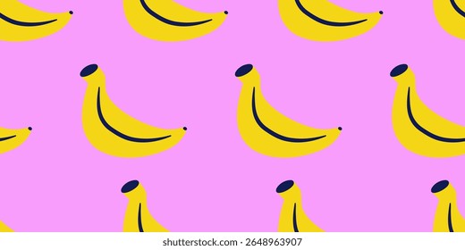  Bright and bold seamless vector pattern hand-drawn yellow banana on a pink background. Playful and retro summer vibe. For fabric, packaging, wrapping paper, wallpapers, and social media templates.
