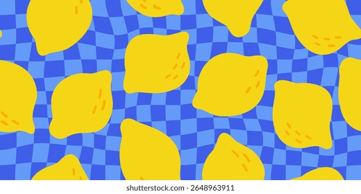 Bright and bold seamless vector pattern hand-drawn yellow lemons on a blue checkerboard background. Playful and retro summer vibe. For fabric, packaging, wrapping paper, wallpapers, and social media