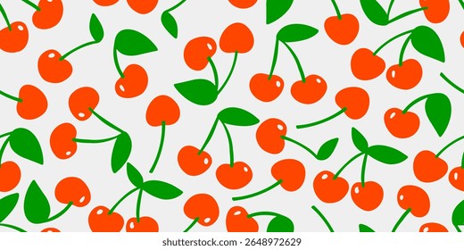 Bright and bold vector seamless pattern pattern with hand-drawn cherry. Playful and retro summer vibe. For fabric, packaging, wrapping paper, wallpapers, and social media templates.