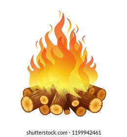 Bright bonfire, burning logs, orange spurts of flame. Colorful orange campfire isolated on white background. Vector illustration in flat style.