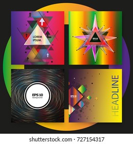 Bright book binder mockup. Brochure cover design. Title sheet model set. Modern vector front page art. Patch info board. Square frame, lines plexus, circles, helix, triangles icon. Ad flyer text font