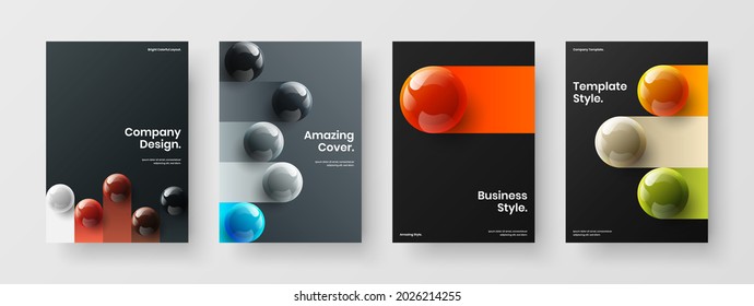 Bright book cover A4 vector design layout bundle. Premium 3D balls pamphlet template set.