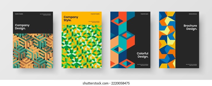 Bright book cover design vector illustration collection. Unique geometric hexagons handbill layout composition.
