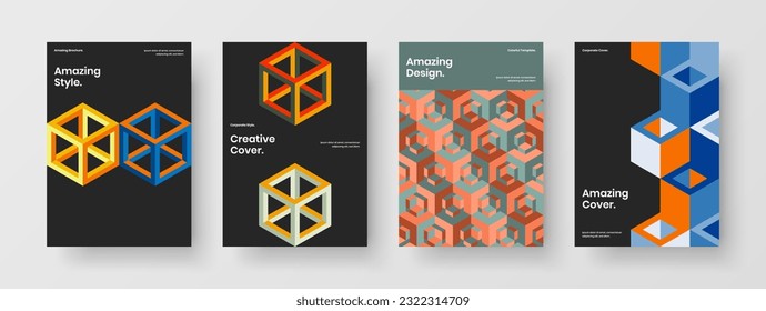 Bright book cover design vector illustration set. Simple mosaic shapes leaflet layout composition.