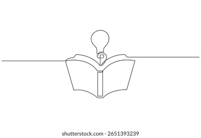 Livro brilhante, Livro aberto com lâmpada em uma linha contínua desenho símbolo de ideia. Livro um desenho de linha, educação contínua vetorial e literatura com cérebro e lâmpada. Conceito de criativo