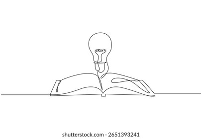Livro brilhante, Livro aberto com lâmpada em uma linha contínua desenho símbolo de ideia. Livro um desenho de linha, educação contínua vetorial e literatura com cérebro e lâmpada. Conceito de criativo