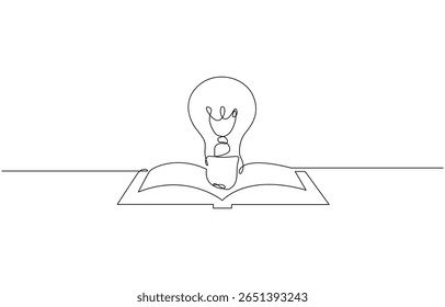 Livro brilhante, Livro aberto com lâmpada em uma linha contínua desenho símbolo de ideia. Livro um desenho de linha, educação contínua vetorial e literatura com cérebro e lâmpada. Conceito de criativo