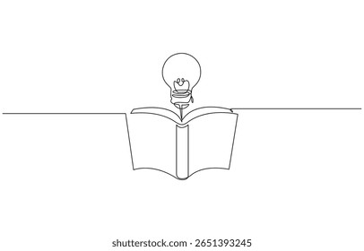 Livro brilhante, Livro aberto com lâmpada em uma linha contínua desenho símbolo de ideia. Livro um desenho de linha, educação contínua vetorial e literatura com cérebro e lâmpada. Conceito de criativo