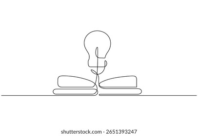 Bright book, Opened book with light bulb in one continuous line drawing symbol of idea. Book one line drawing, continuous vector education and literature with brain and light bulb. Concept of creative